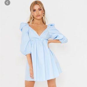 Baby Blue Cotton Ruched Sleeve Frill Dress